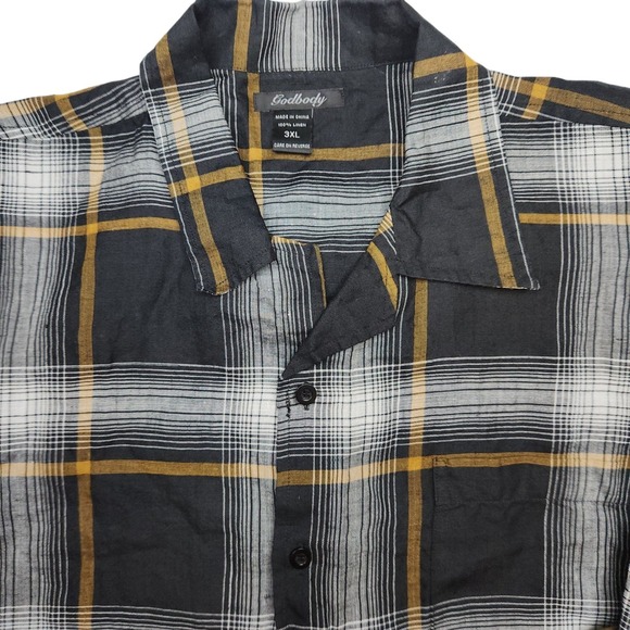 Godbody 3XL Linen Plaid Black Gold Short Sleeve Button Down Camp Shirt Menswear - Picture 2 of 6